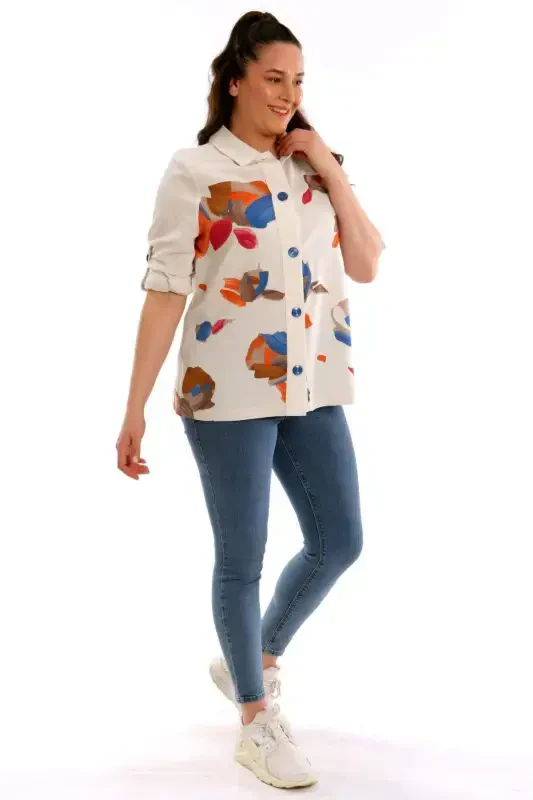 Plus Size Front-Leaf-Printed Coat Sax - 4