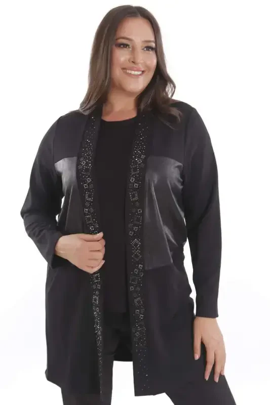 Plus Size Front Leather Detailed Stone Printed Black Cardigan - 1