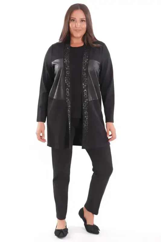 Plus Size Front Leather Detailed Stone Printed Black Cardigan - 2