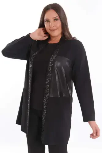 Plus Size Front Leather Detailed Stone Printed Black Cardigan - 3