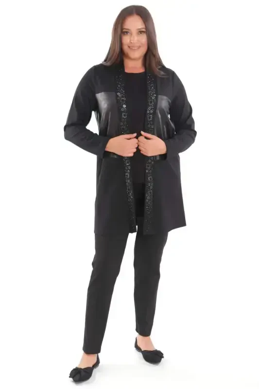 Plus Size Front Leather Detailed Stone Printed Black Cardigan - 4