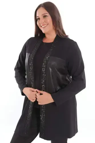 Plus Size Front Leather Detailed Stone Printed Black Cardigan - 5