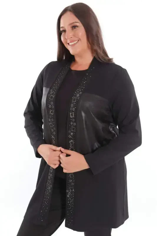 Plus Size Front Leather Detailed Stone Printed Black Cardigan - 5
