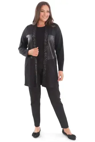 Plus Size Front Leather Detailed Stone Printed Black Cardigan - 6