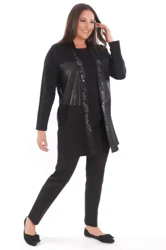 Plus Size Front Leather Detailed Stone Printed Black Cardigan - 7