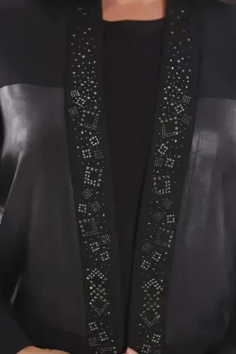 Plus Size Front Leather Detailed Stone Printed Black Cardigan - 8