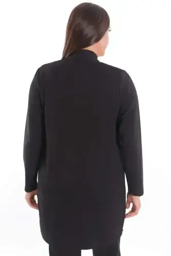 Plus Size Front Leather Detailed Stone Printed Black Cardigan - 9