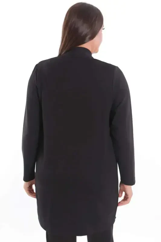 Plus Size Front Leather Detailed Stone Printed Black Cardigan - 9