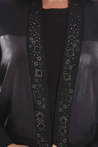 Plus Size Front Leather Paneled Stone Printed Black Cardigan - 8