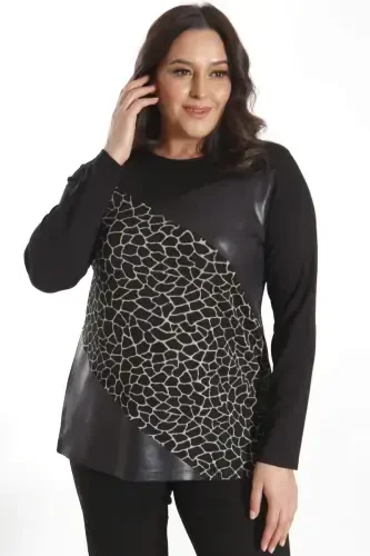 Plus Size Front Paneled Faux Leather Black Blouse - 6