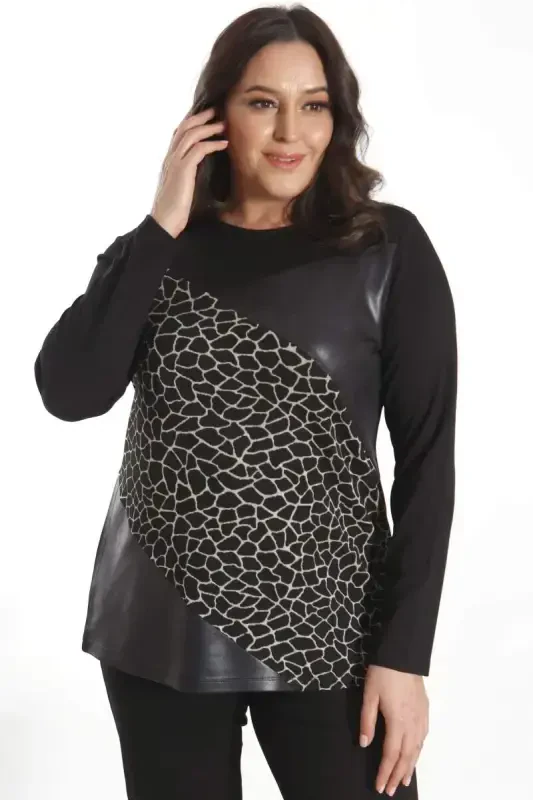 Plus Size Front Paneled Faux Leather Black Blouse - 6