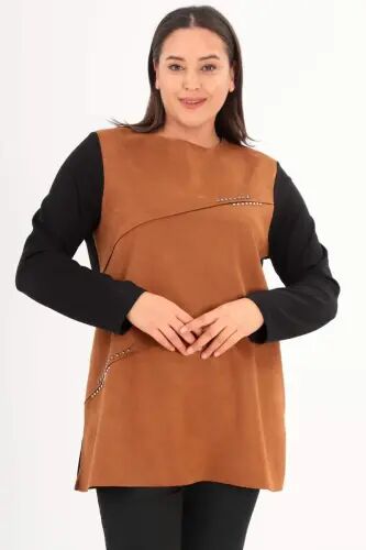 Plus Size Front Suede Stud Printed Brown Tunics - 3