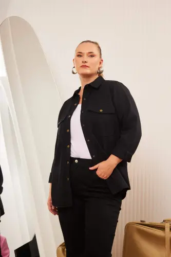 Plus Size Gabardine Shirt Black - BÜYÜKBEDENIZ (1)