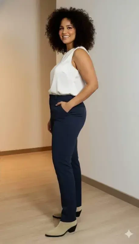 Plus Size Gabardine Trousers Navy Blue with Slit Detail - 4