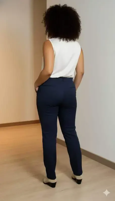 Plus Size Gabardine Trousers Navy Blue with Slit Detail - 5