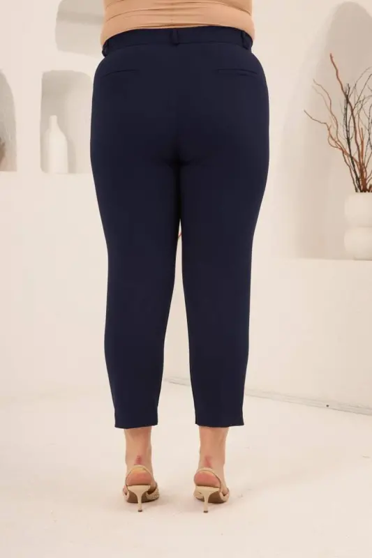 Plus Size Gabardine Trousers Navy Blue with Slit Detail - 4
