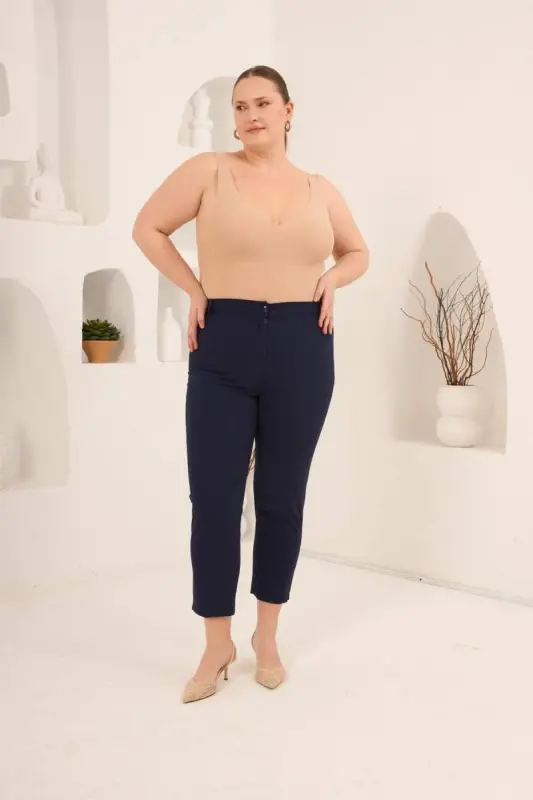 Plus Size Gabardine Trousers Navy Blue with Slit Detail - 5