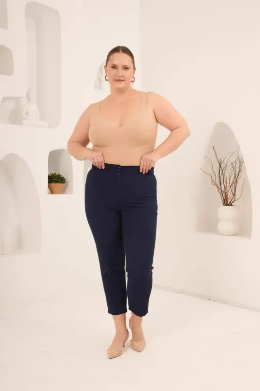 Plus Size Gabardine Trousers Navy Blue with Slit Detail - 6