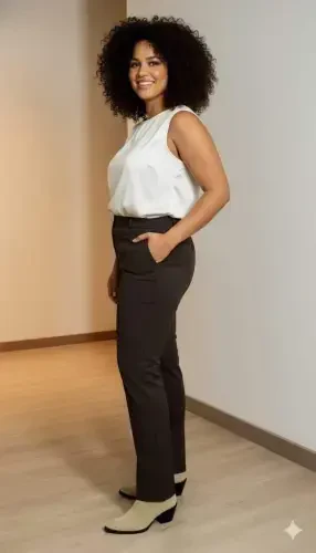 Plus Size Gabardine Trousers with Slit Hem Coffee - 5