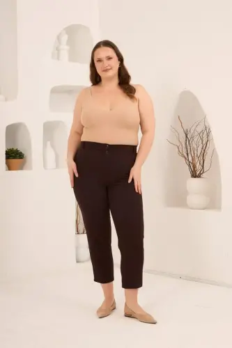Plus Size Gabardine Trousers with Slit Hem Coffee - 5