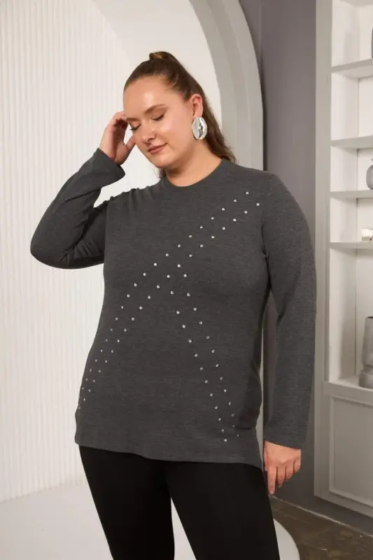 Plus Size Geometric Stone Blouse Anthracite - 3
