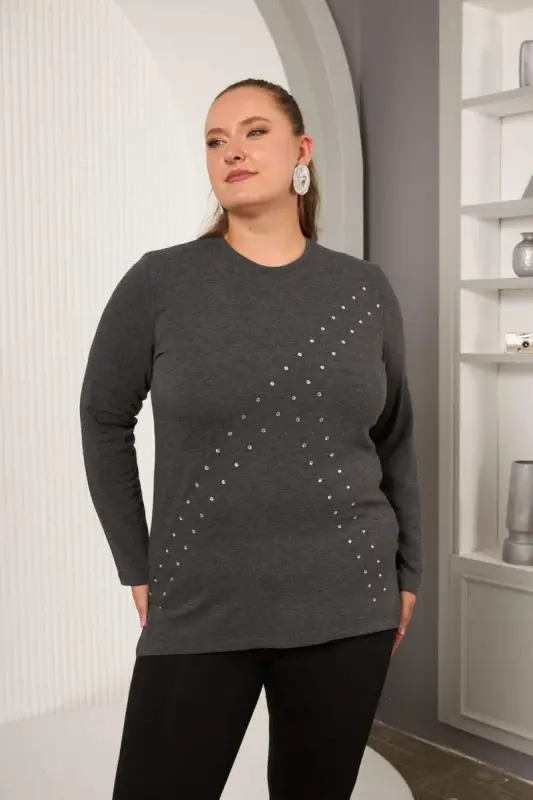 Plus Size Geometric Stone Blouse Anthracite - 4