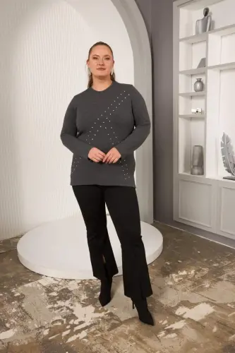 Plus Size Geometric Stone Blouse Anthracite - 6