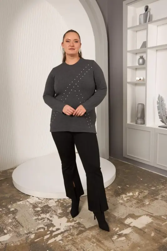 Plus Size Geometric Stone Blouse Anthracite - 6