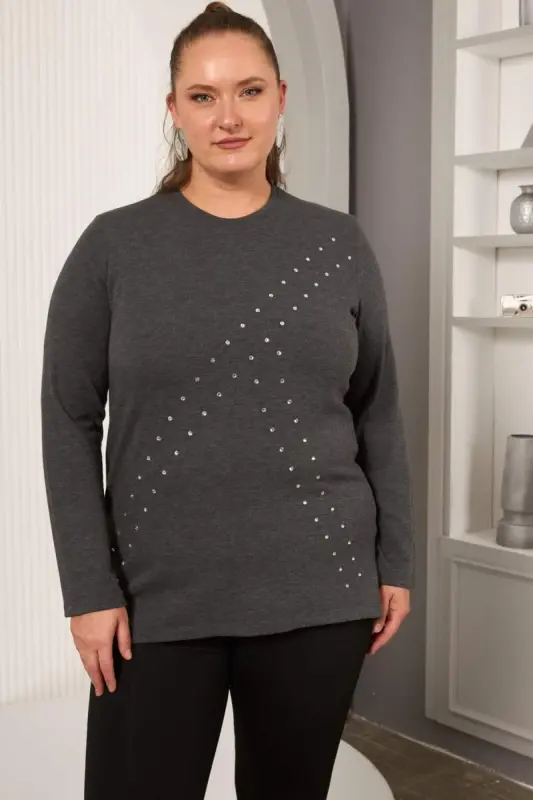Plus Size Geometric Stone Blouse Anthracite - BÜYÜKBEDENIZ