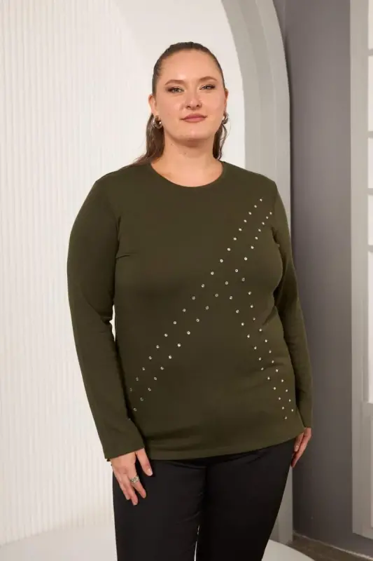 Plus Size Geometric Stone Blouse Khaki - BÜYÜKBEDENIZ