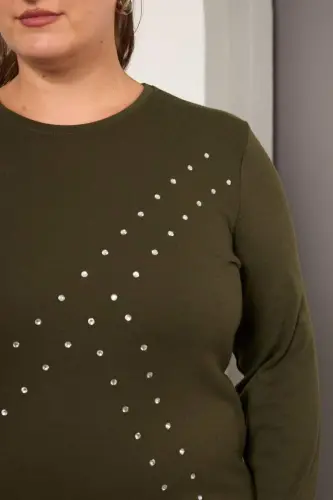 Plus Size Geometric Stone Blouse Khaki - BÜYÜKBEDENIZ (1)