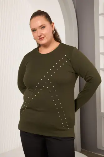 Plus Size Geometric Stone Blouse Khaki - 4