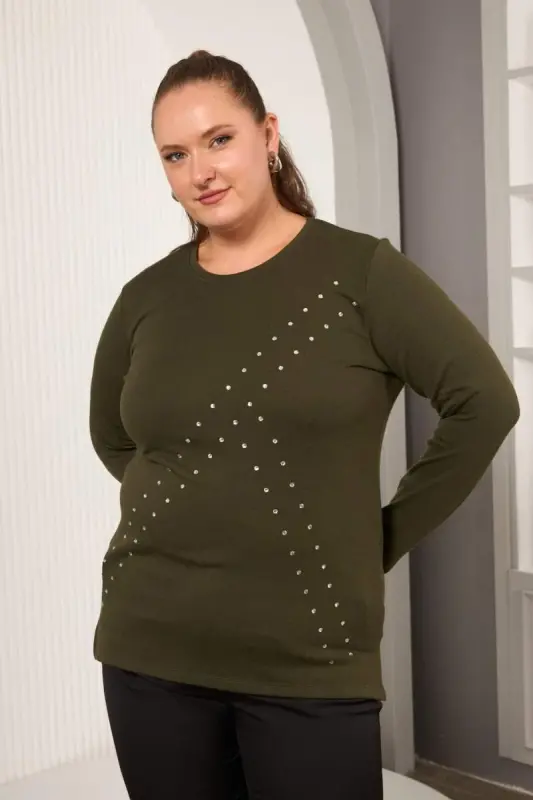 Plus Size Geometric Stone Blouse Khaki - 4