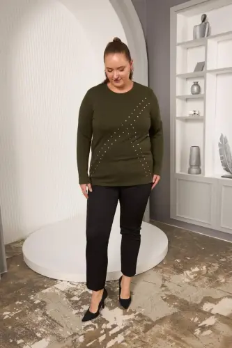 Plus Size Geometric Stone Blouse Khaki - 7