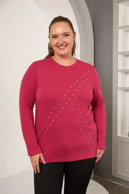 Plus Size Geometric Stone Blouse Violet - BÜYÜKBEDENIZ