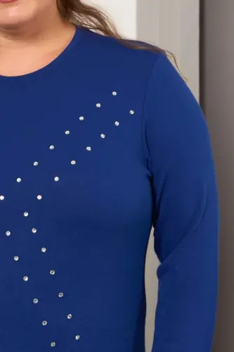 Plus Size Geometric Stone Embellished Blouse - Sapphire - BÜYÜKBEDENIZ (1)