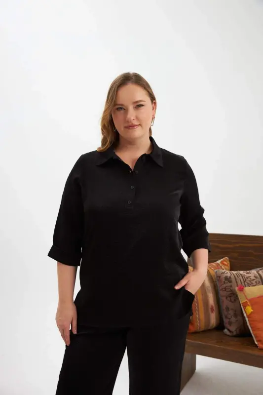 Plus Size Glitter Shirt Collar Blouse Black - BÜYÜKBEDENIZ