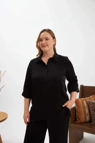 Plus Size Glitter Shirt Collar Blouse Black - BÜYÜKBEDENIZ (1)