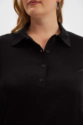 Plus Size Glitter Shirt Collar Blouse Black - 3