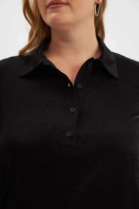 Plus Size Glitter Shirt Collar Blouse Black - 3
