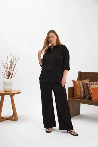 Plus Size Glitter Shirt Collar Blouse Black - 4