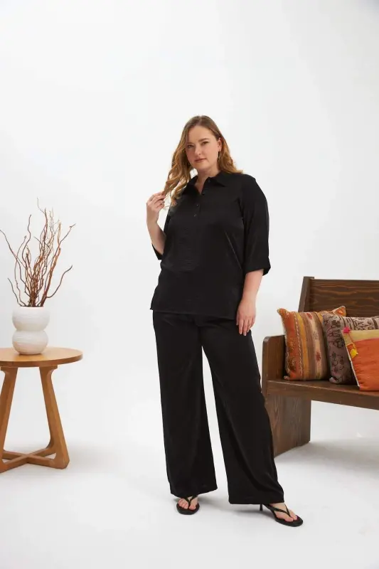 Plus Size Glitter Shirt Collar Blouse Black - 4