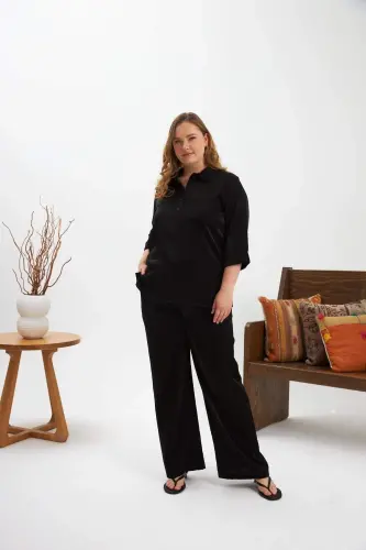 Plus Size Glitter Shirt Collar Blouse Black - 6