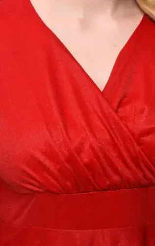 Plus Size Glittery Tulle Crossover Neck Cape Sleeve Red KL3051 - 1