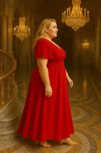 Plus Size Glittery Tulle Crossover Neck Cape Sleeve Red KL3051 - 3