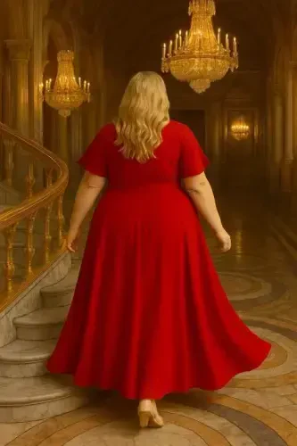 Plus Size Glittery Tulle Crossover Neck Cape Sleeve Red KL3051 - 4