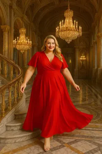 Plus Size Glittery Tulle Crossover Neck Cape Sleeve Red KL3051 - 5
