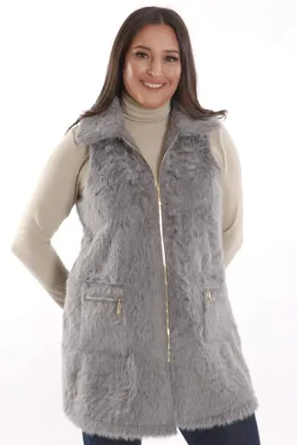 Büyük Beden Fermuar ve Cep Detaylı Gri Kürk Yelek - 3