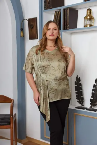 Plus Size Green Blouse with Belt Accessory - 1