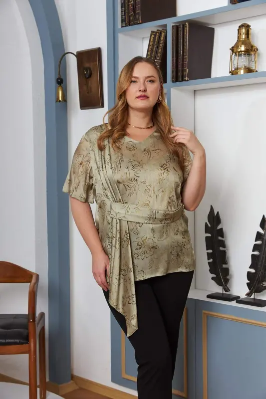 Plus Size Green Blouse with Belt Accessory - 1